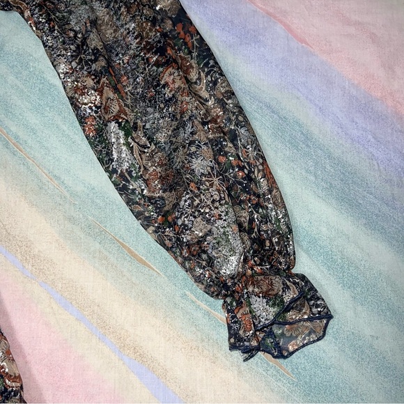 O.P.T Floral Metallic Smock Neck Fit&Flare Long Sleeve Mini Dress Navy Boho XS - Picture 4 of 9